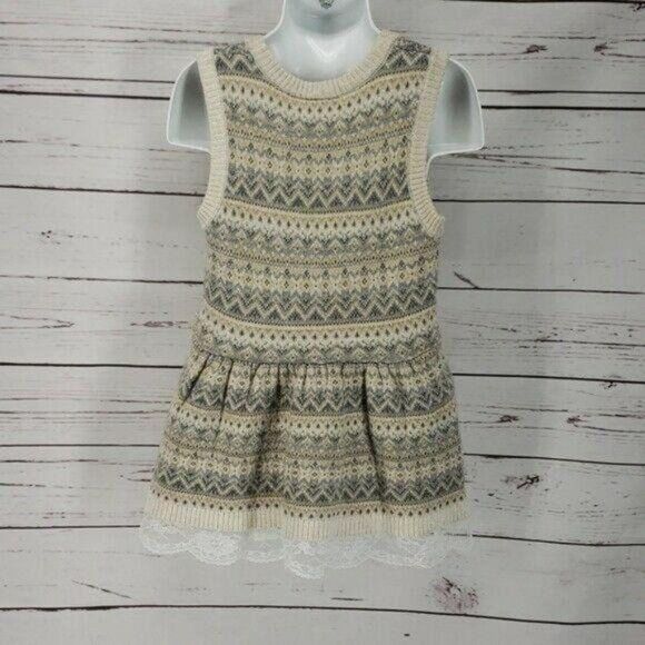 Little Lass Girls Crochet Tan Zig Zag Boho Sleevless Sweater Dress Size 5 - Picture 6 of 8
